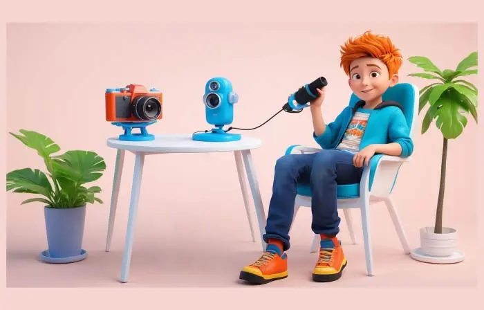 Talk Show Concept Boy with Camera and Mic at the Desk 3D Character Illustration image